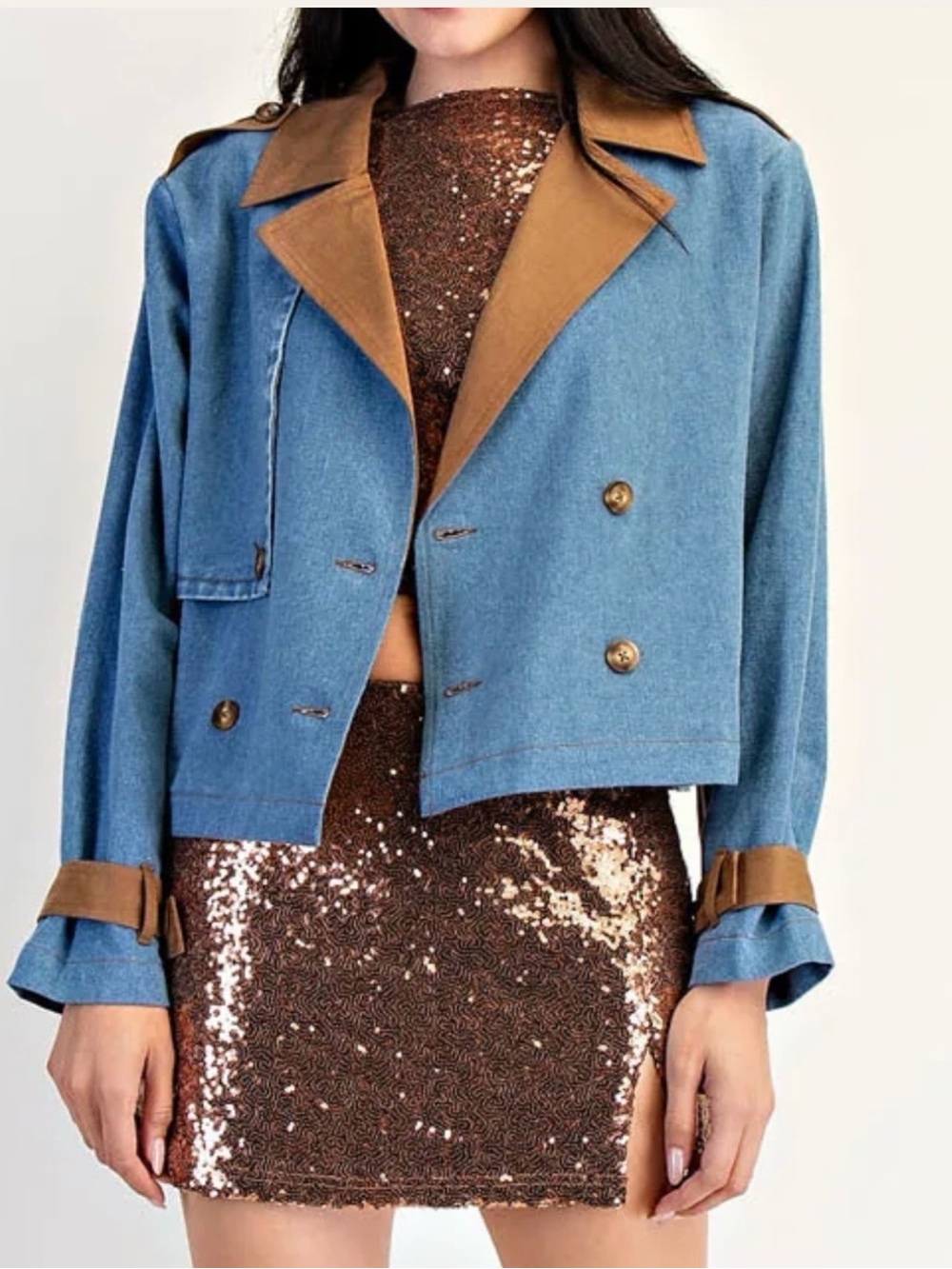 Edit by Nine Cotton Woven Panel Denim/ Mocha Crop Trench Jacket NWT in diff size